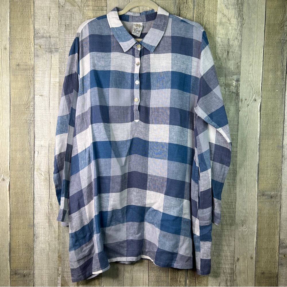 Match Point 100% Linen Size XL Blue & White Plaid Shirt With 3/4 Sleeves Pockets